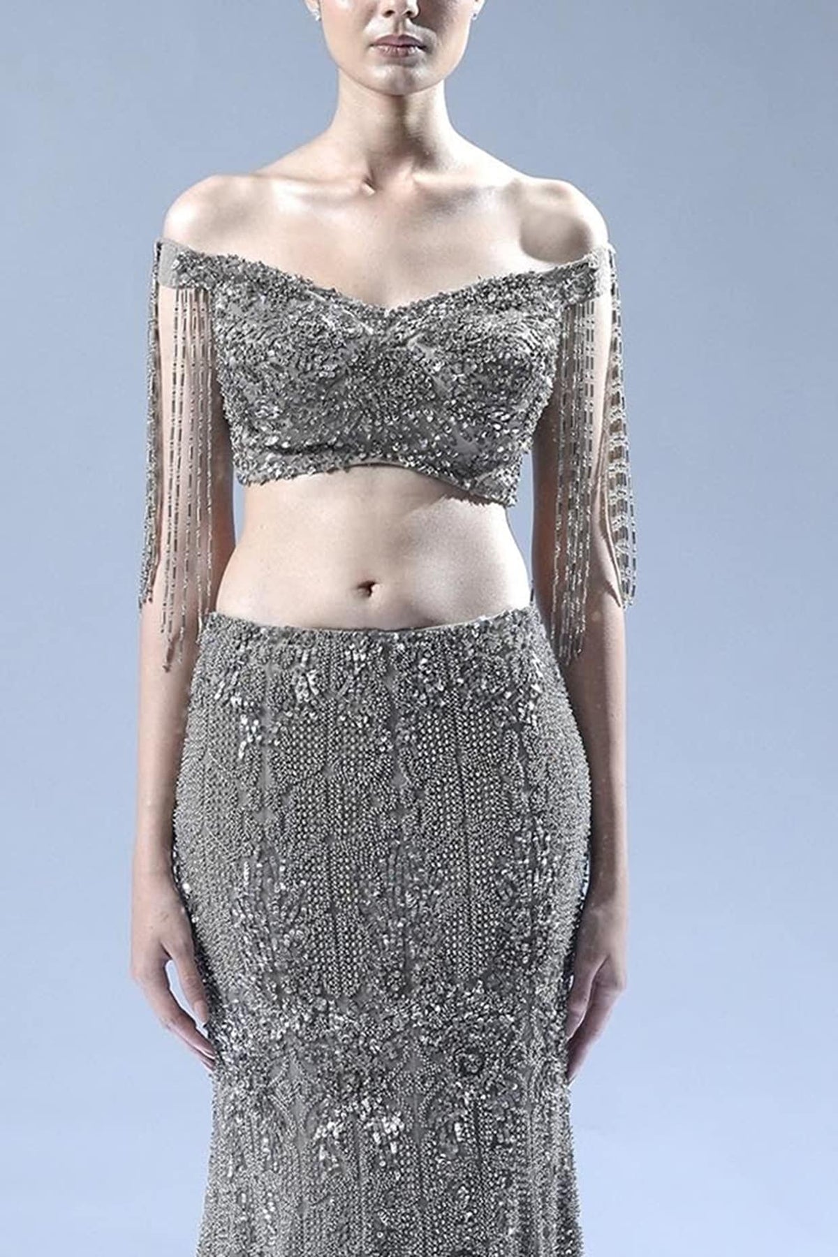 Golden Tulle Fringe Embellished Lehenga Set