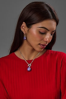 White Gold Finish Purple Majorica Pearl Pendant Necklace Set In Sterling Silver