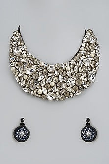 White Rhodium Finish Crystal & Pearl Necklace Set