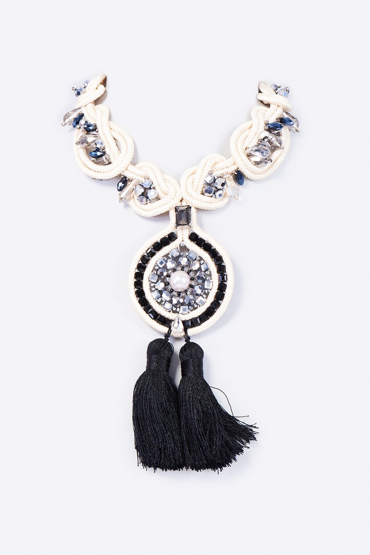 Rhodium Finish Crystal Tassel Necklace
