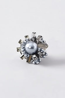 White Rhodium Finish Grey Pearl & Crystal Ring