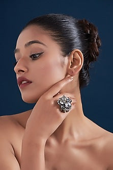 White Rhodium Finish Grey Pearl & Crystal Ring