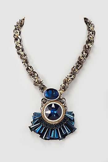 Gold Finish Blue Crystal Pendant Necklace