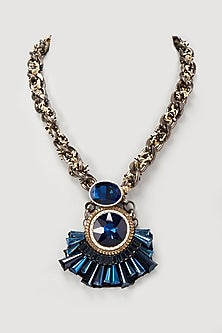 Gold Finish Blue Crystal Pendant Necklace