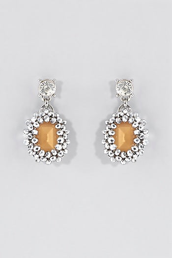 White Rhodium Finish Orange Crystal Stud Earrings