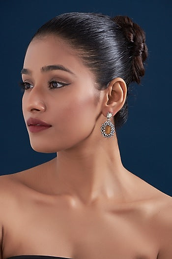 White Rhodium Finish Orange Crystal Stud Earrings