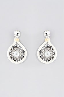 White Rhodium Finish Crystal & Pearl Stud Earrings