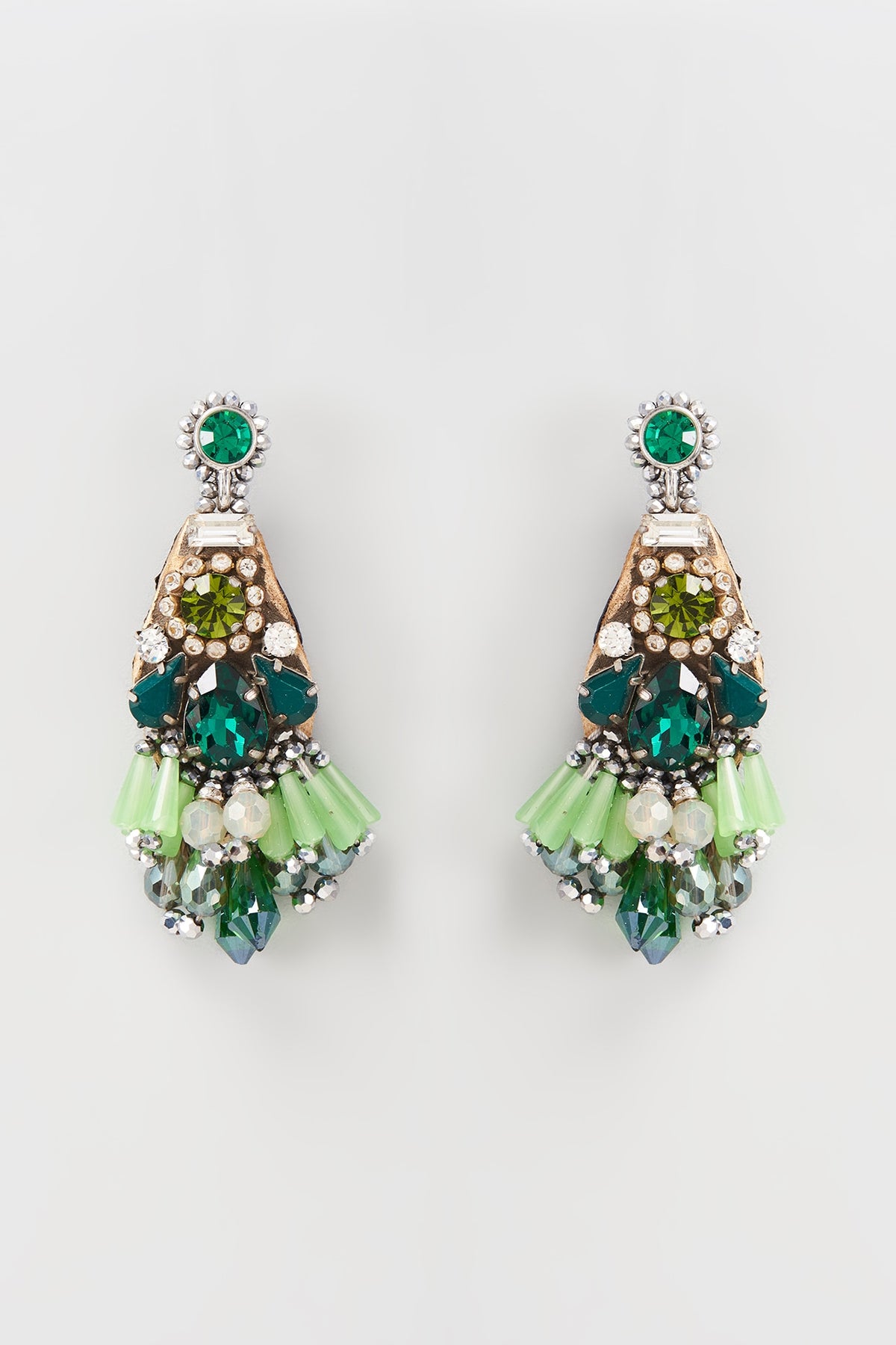 White Rhodium Finish Green Crystal Earrings