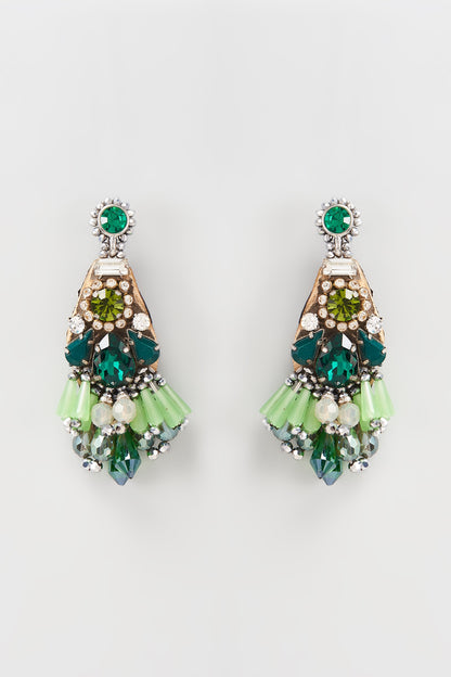 White Rhodium Finish Green Crystal Earrings