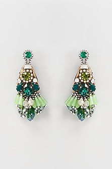 White Rhodium Finish Green Crystal Earrings