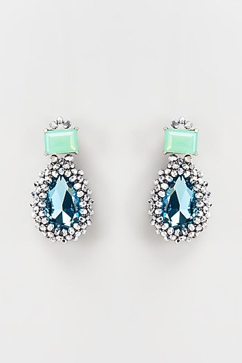 White Rhodium Finish Turquoise Crystal Stud Earrings