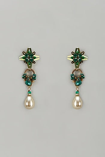 Gold Finish Pearl & Glass Beaded Dangler Earrings