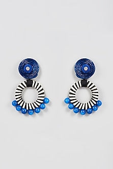 White Finish Blue Beaded Hoop Earrings