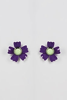 White Finish Violet Floral Stud Earrings