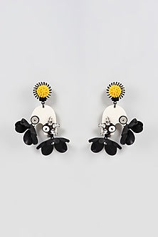 White Finish Black Floral Drop Dangler Earrings