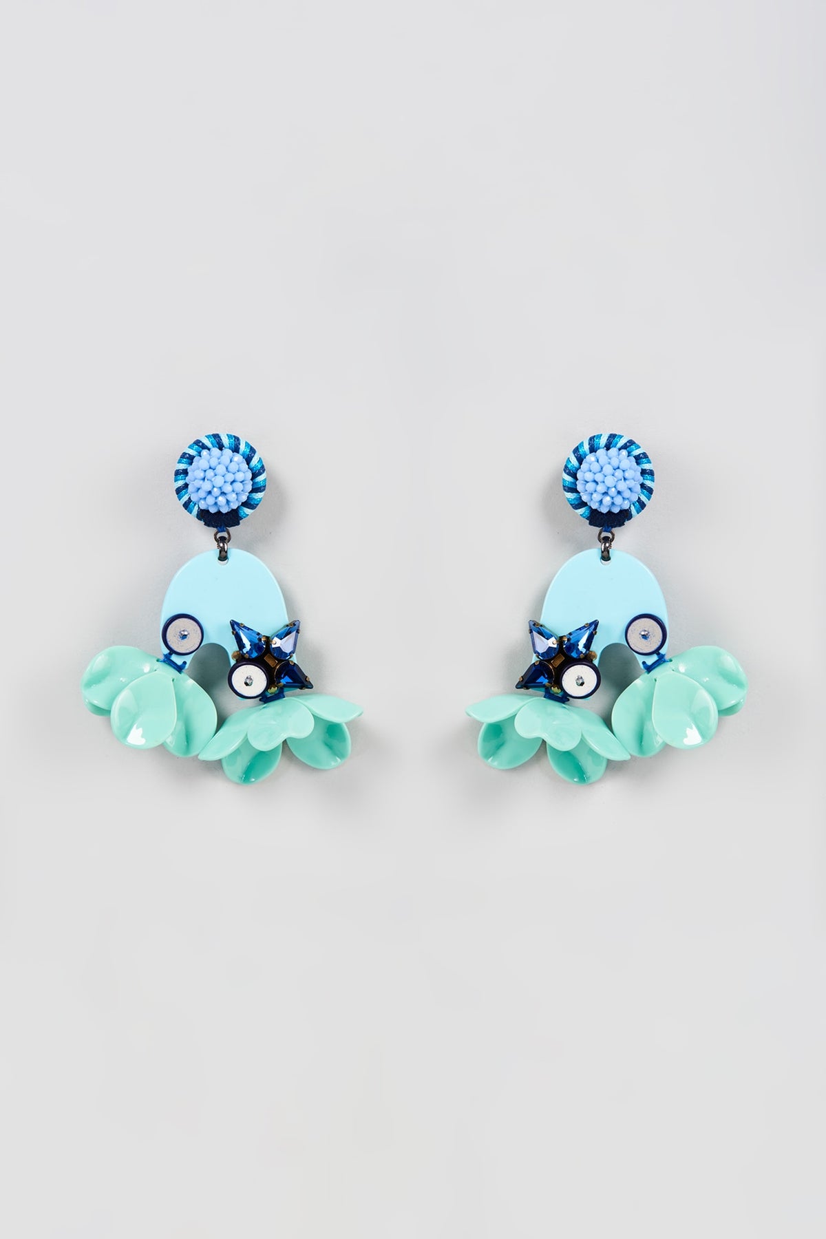 White Finish Sea Green Floral Drop Dangler Earrings