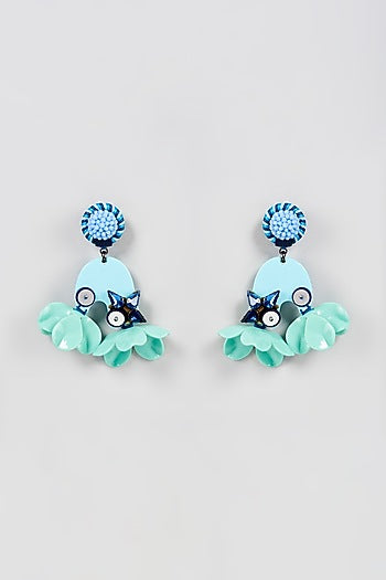 White Finish Sea Green Floral Drop Dangler Earrings