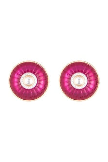 Gold Plated Dark Pink Stone Stud Earrings