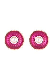 Gold Plated Dark Pink Stone Stud Earrings