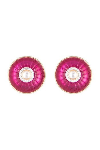 Gold Plated Dark Pink Stone Stud Earrings