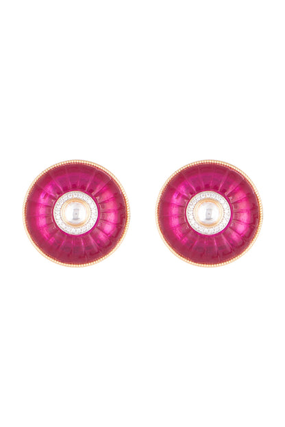 Gold Plated Dark Pink Stone Stud Earrings
