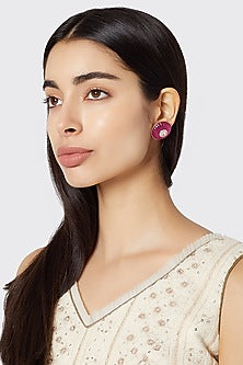 Gold Plated Dark Pink Stone Stud Earrings