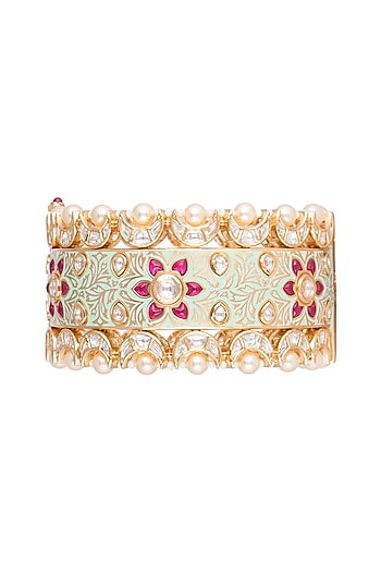 Gold Plated Pink Semi Precious Stone Kada Bracelet