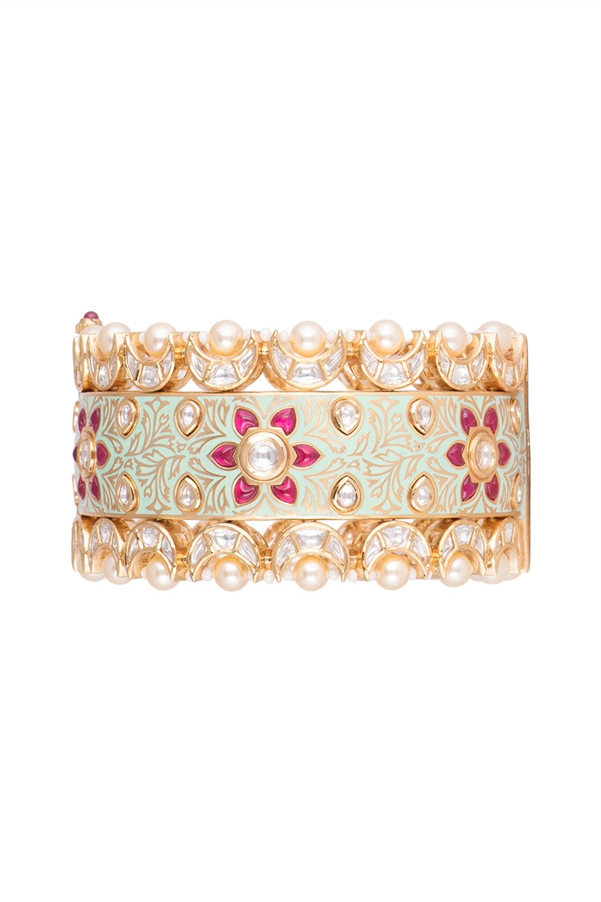 Gold Plated Pink Semi Precious Stone Kada Bracelet