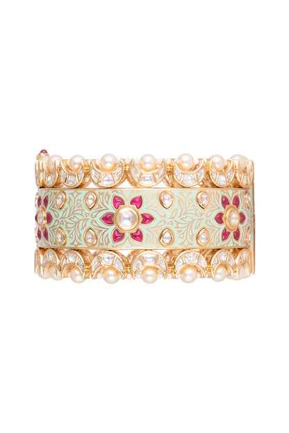 Gold Plated Pink Semi Precious Stone Kada Bracelet
