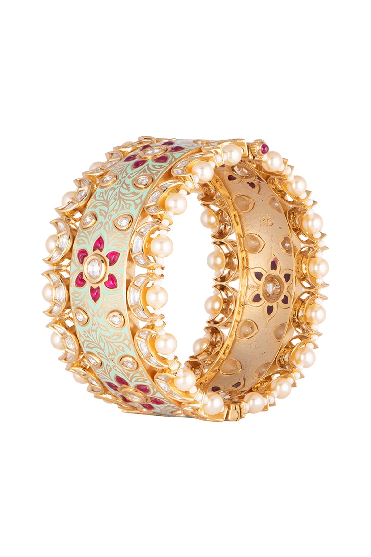 Gold Plated Pink Semi Precious Stone Kada Bracelet