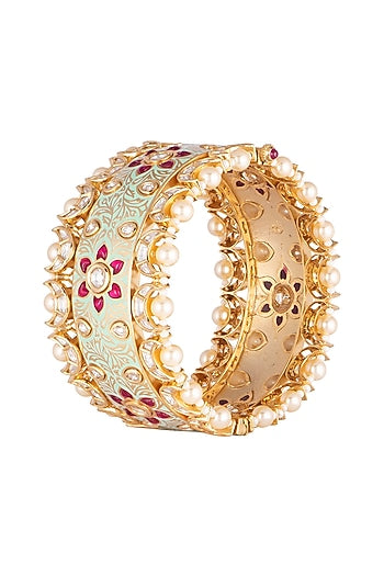 Gold Plated Pink Semi Precious Stone Kada Bracelet