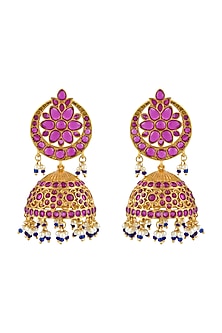 Gold Finish Pink Stone Jhumka Earrings In Sterling Silver