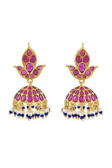 Gold Finish Paisley Jhumka Earrings In Sterling Silver