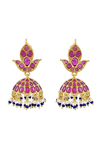 Gold Finish Paisley Jhumka Earrings In Sterling Silver