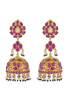 Gold Finish Pink Stone Long Jhumka Earrings In Sterling Silver