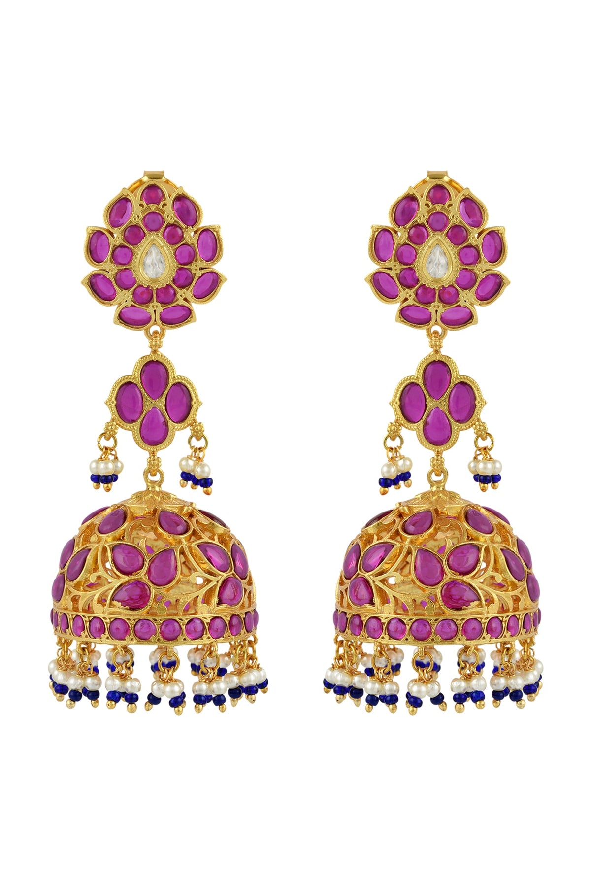 Gold Finish Pink Stone Long Jhumka Earrings In Sterling Silver