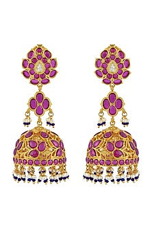 Gold Finish Pink Stone Long Jhumka Earrings In Sterling Silver