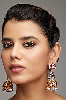 Gold Finish Pink Stone Long Jhumka Earrings In Sterling Silver