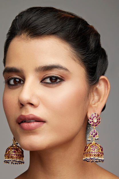 Gold Finish Pink Stone Long Jhumka Earrings In Sterling Silver