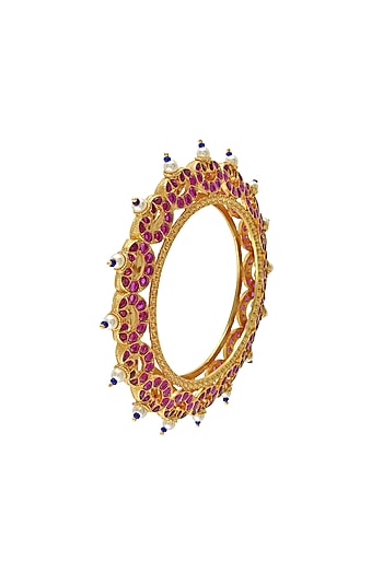 Gold Finish Pink Stone Bangle In Sterling Silver