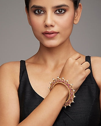 Gold Finish Pink Stone Bangle In Sterling Silver
