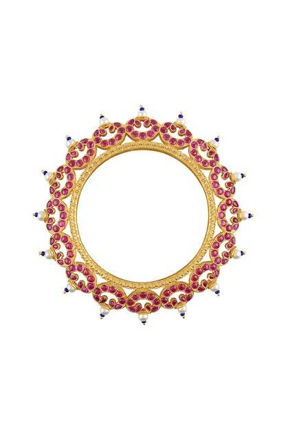 Gold Finish Pink Stone Bangle In Sterling Silver