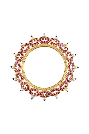 Gold Finish Pink Stone Bangle In Sterling Silver