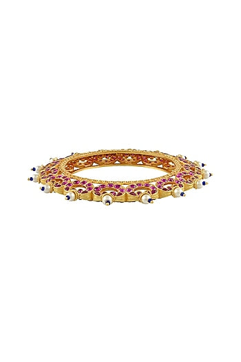 Gold Finish Pink Stone Bangle In Sterling Silver