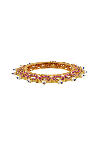 Gold Finish Pink Stone Bangle In Sterling Silver