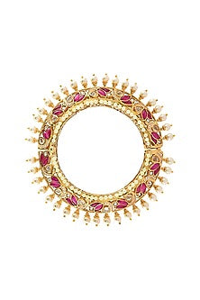 Gold Finish Bud Motif Bangle With Pearls In Sterling Silver
