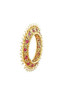 Gold Finish Bud Motif Bangle With Pearls In Sterling Silver