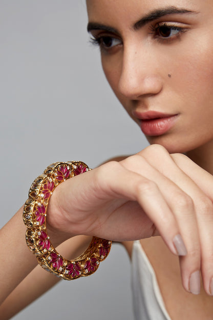 Gold Finish Gajra Bangle In Sterling Silver