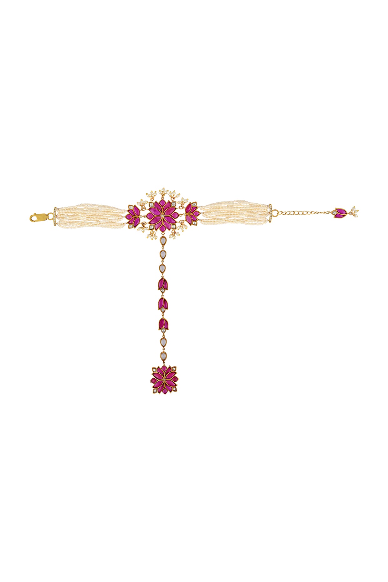 Gold Finish Pearl Hathphool In Sterling Silver