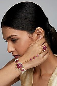 Gold Finish Pearl Hathphool In Sterling Silver